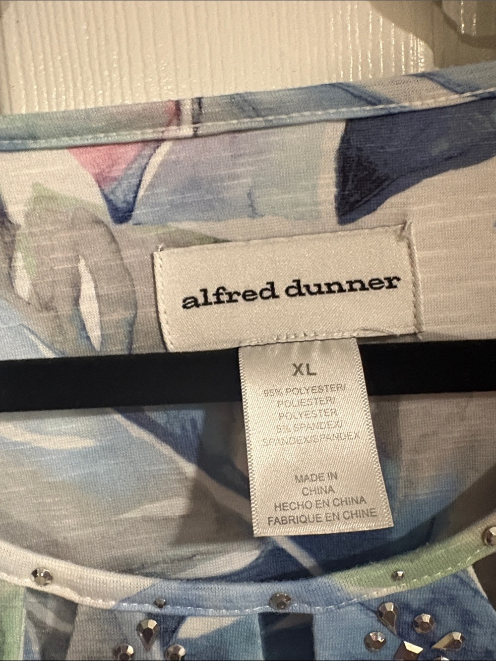 Alfred Dunner Blue, Pink and Green Floral Short-Sleeve Top with Embellished Neck - Picture 2 of 5